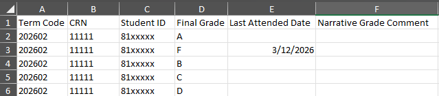Excel column headings including, Term Code CRN Student ID Final Grade Last Attended Date Narrative Grade Comment