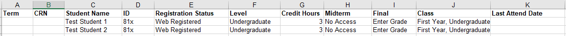 Spreadsheet with Term, CRN, and Last Attend Date columns added