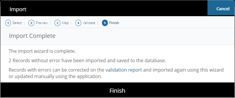 Import wizard Finish step showing Import Complete confirmation