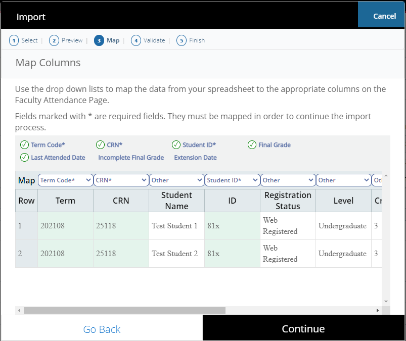 Import wizard Map Columns step showing left side column mapping with Term Code, CRN, Student ID dropdowns