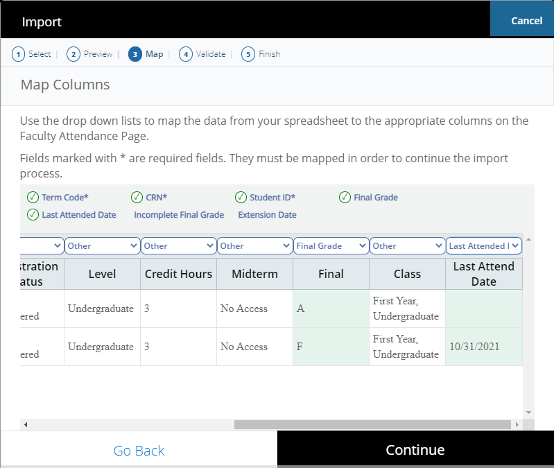 Import wizard Map Columns step showing right side with Final Grade and Last Attended Date mapped