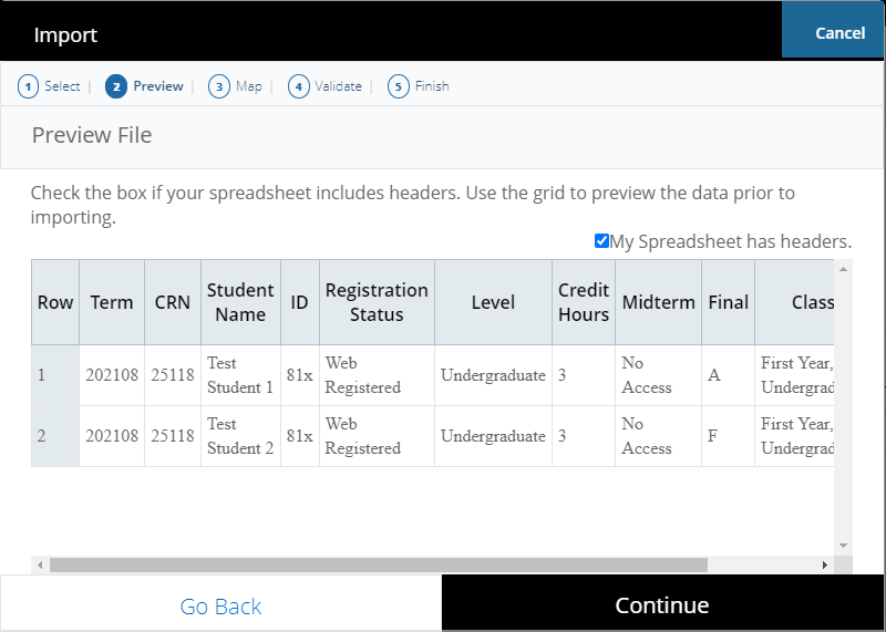 Import wizard Preview step showing uploaded Class List data