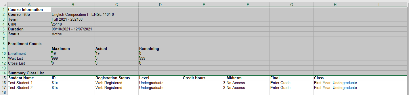 Athena Class List export spreadsheet showing Course Information header rows 1-14 that need to be deleted