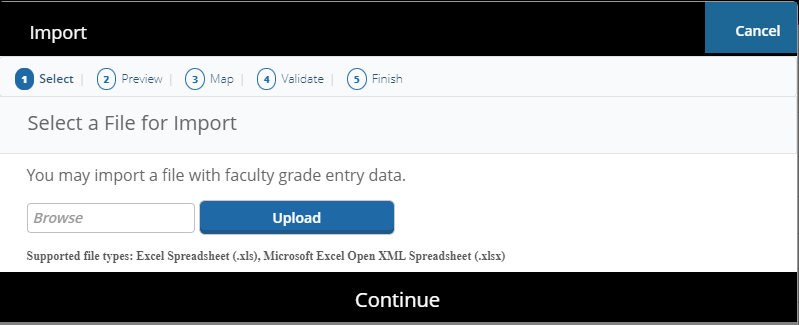 Import wizard Select step with Browse field and Upload button