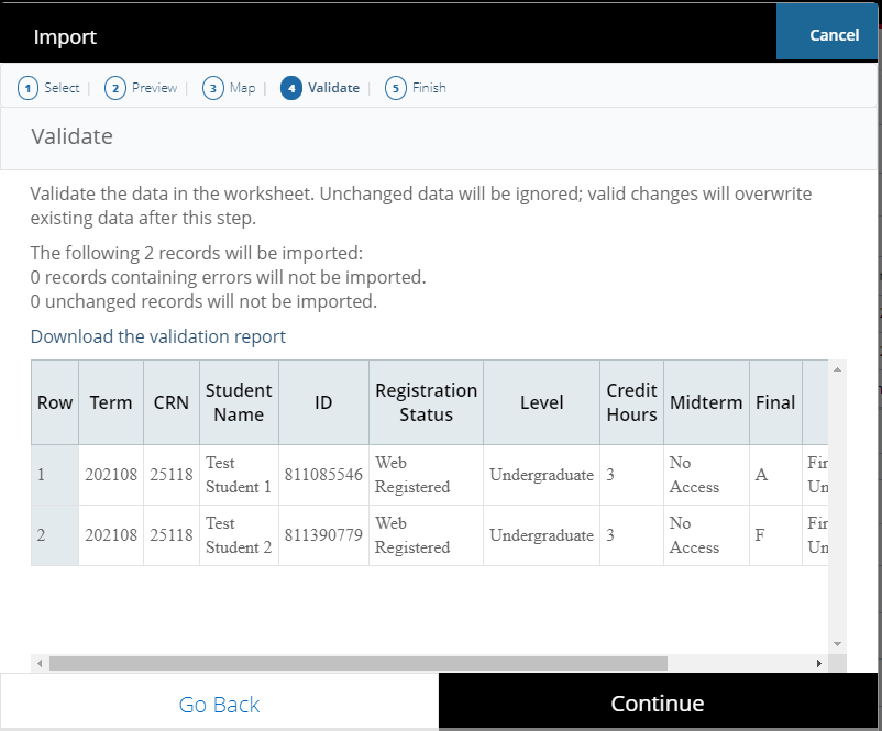 Import wizard Validate step showing records and validation report link