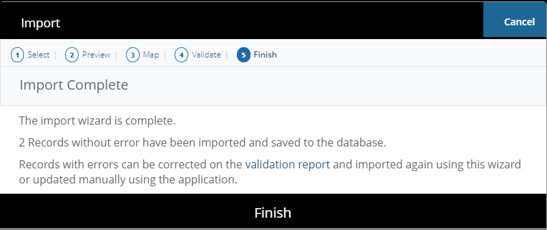 Import wizard Finish step showing Import Complete confirmation
