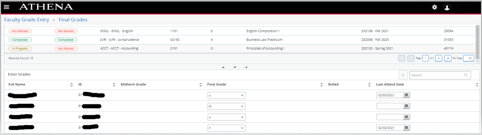 Athena Faculty Grade Entry showing imported grades for students