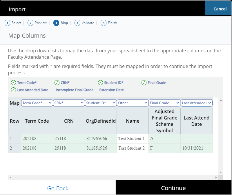 Import wizard Map Columns step with dropdown headers for matching columns