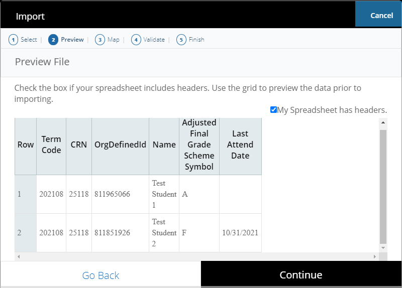 Import wizard Preview step showing uploaded eLC data with headers checkbox