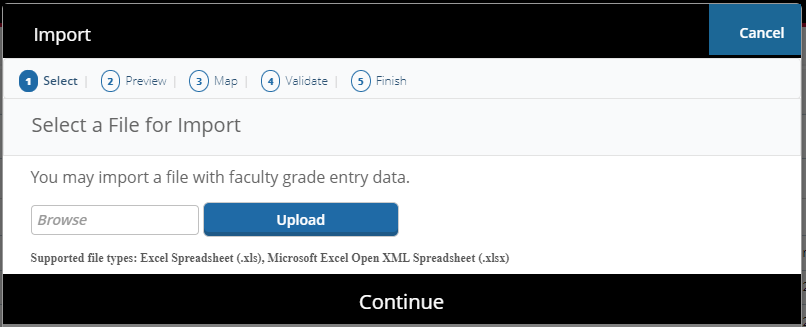 Import wizard Select step with Browse field and Upload button