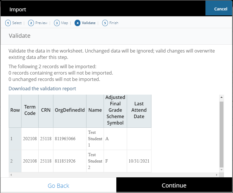 Import wizard Validate step showing records and validation report link
