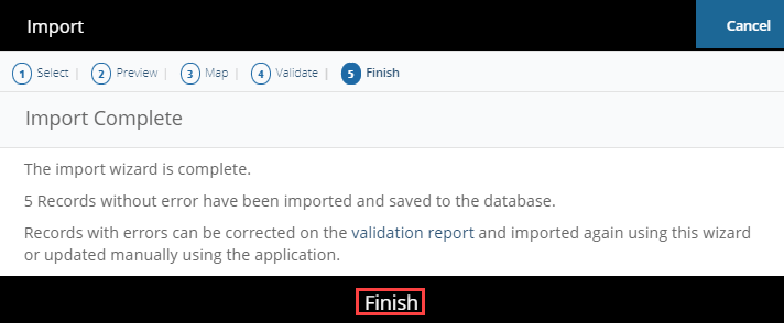 Import wizard Finish step showing Import Complete confirmation