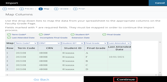 Import wizard Map Columns step showing column header dropdowns matched to spreadsheet fields