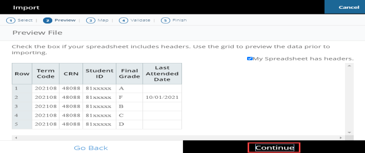 Import wizard Preview step showing uploaded spreadsheet data with My Spreadsheet has headers checkbox