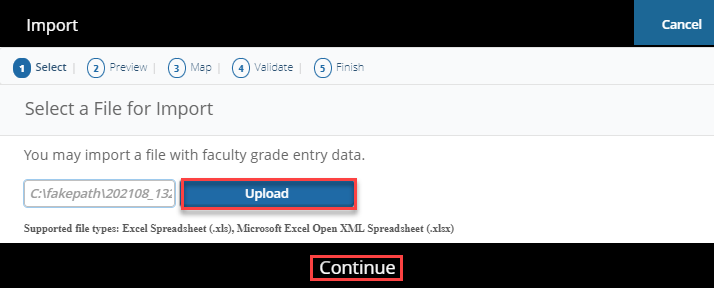 Import wizard Select step showing Browse field, Upload button, and Continue button