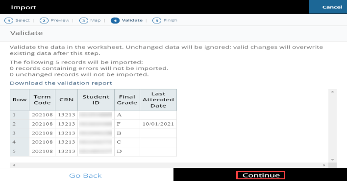 Import wizard Validate step showing records to be imported with validation report link