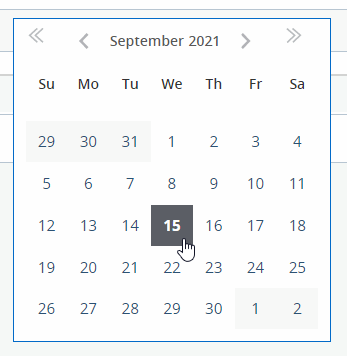 Calendar date picker showing September 2021 with the 15th selected