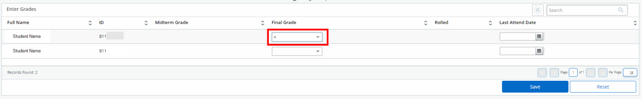 Athena gradebook showing Final Grade dropdown with grade A selected for a student